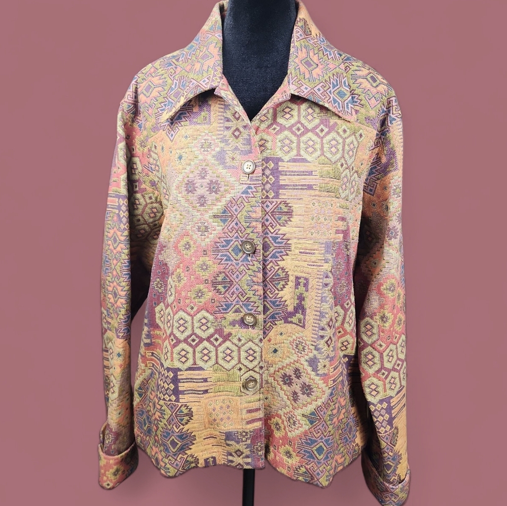 COLDWATER CREEK | Multicolor Tribal Aztec Geometric Tapestry Blazer Jacket | 2X‎